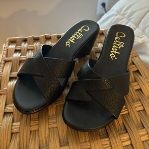 Callisto Black Textured Sandal Wedges Size 7